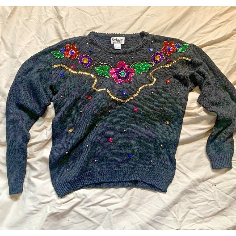 Vintage Exclusive Imports Black Sequin Beaded Sweater SZ L Grandma Ugly Floral